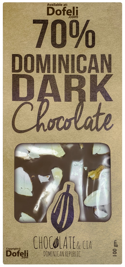 Dominican organic 70% dark cacao bar by Chocolate Experience, with crunchy almonds, free from additives and saturated fats.